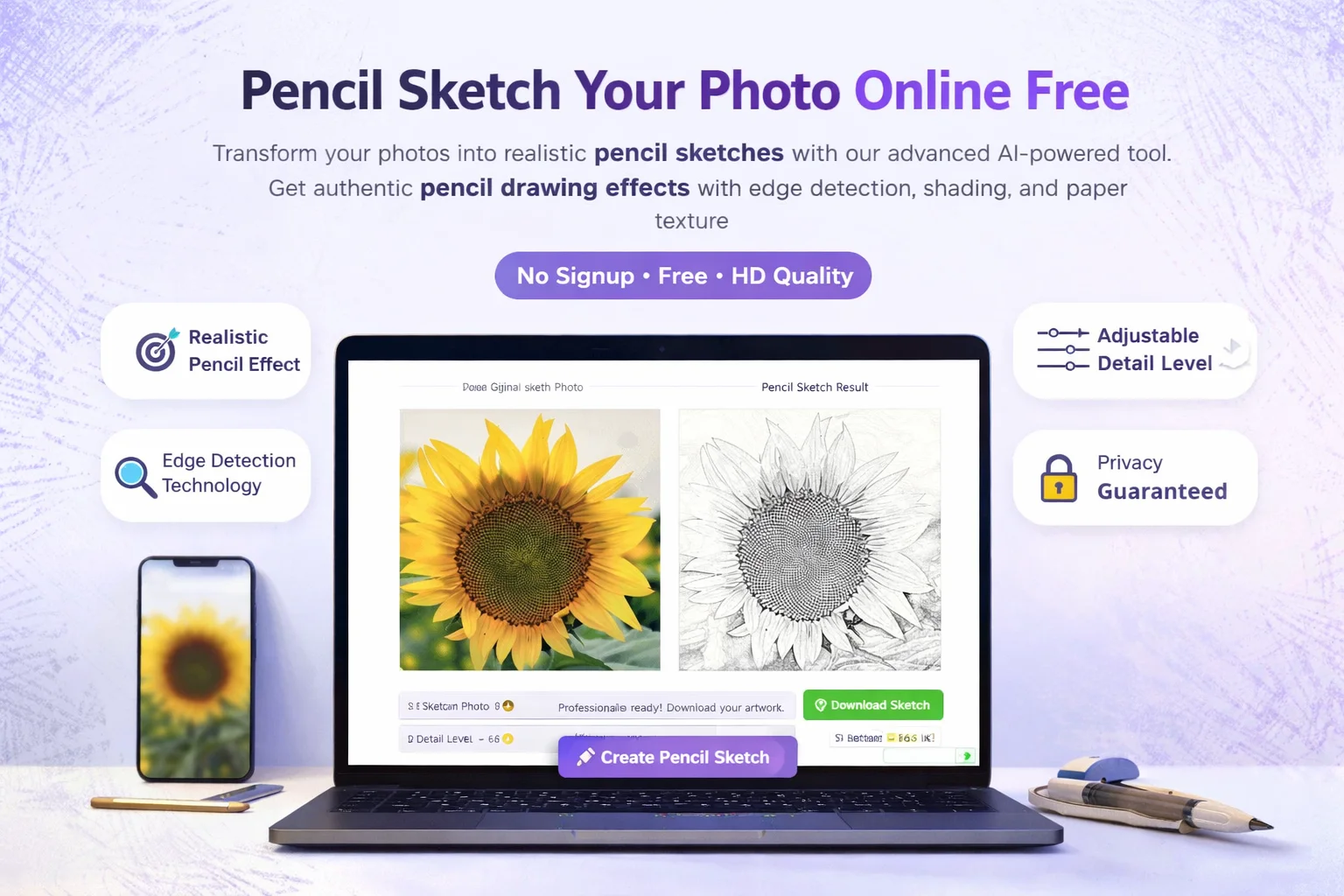 Photo to Pencil Sketch Converter Tool Interface Showing Before and After Comparison